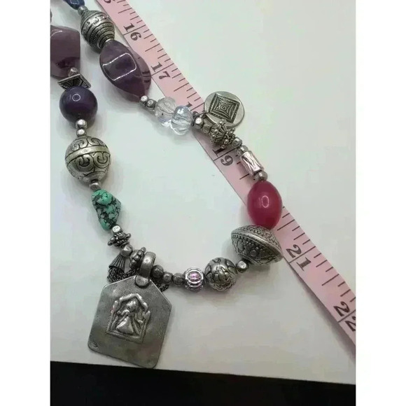 Chicos Purple Red Blue  Silver Turquoise Beaded Bohemian Necklace - Picture 5 of 5